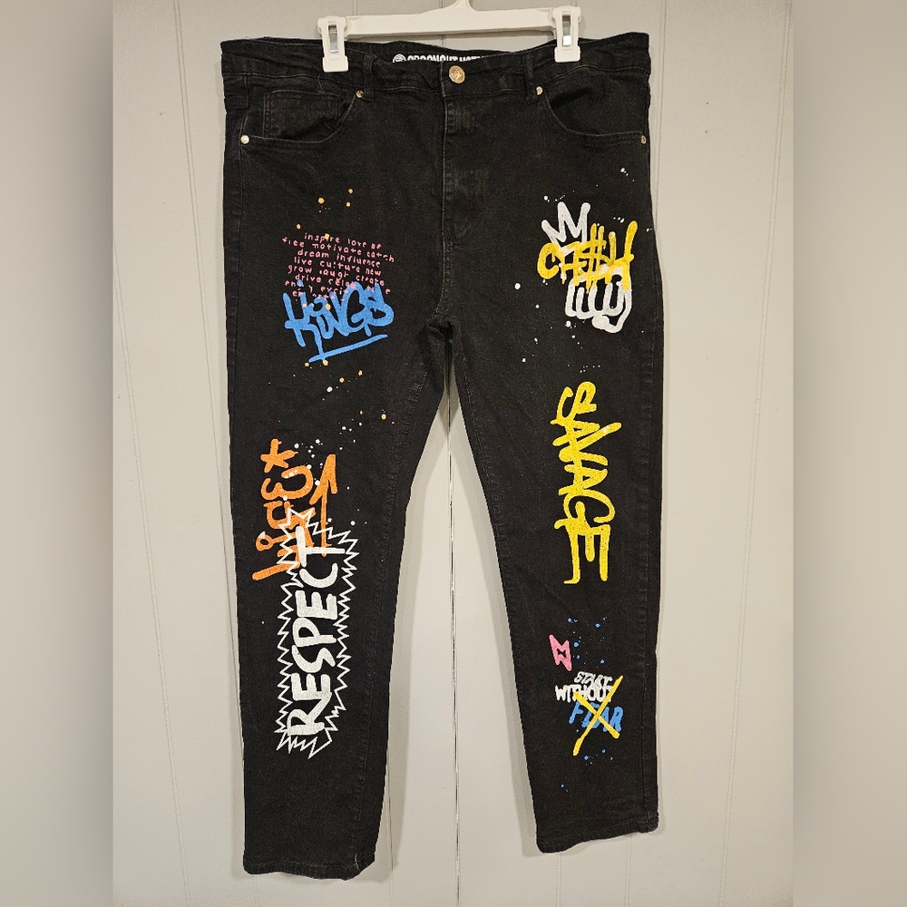 Argonaut Nation Jeans Mens Black Graphitti Painted 40x32 NWT Colorful